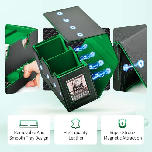 UAONO 3-in-1 MTG Commander Deck Box, Black Green | 2 Magnetic Card Holders & 1 Dice Tray, Fits 200 Double Sleeved, Card Organizer Compatible with Magic the Gathering - color: Black&Lemo Green
