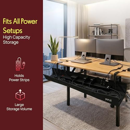 Pyle 36" Under Desk Cable Management Tray, Under Desk Wire Organizer with Clamp or Screw Mount, Desk Cable Organizer with Fabric Design for Large Workstations, Built-in Ties, 20 lb Capacity, Black - size: 36"