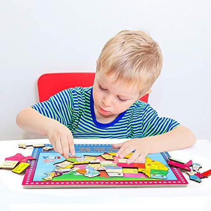 Wooden USA Map Puzzle, 46 Pieces US Map Puzzle for Kids, Educational Geography Puzzles United States Map Puzzle for Boys Girls Birthday Gift
