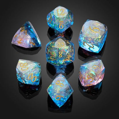 MoKo Resin DND Dice Set, 7PCS Sharp Edge Polyhedral, Pink+Blue | Gold Numbers, D&D RPG Tabletop Games, Gift Box Storage Bag, D20 D12 D10 D8 D6 D4 D% - color: 2 - Pink+blue