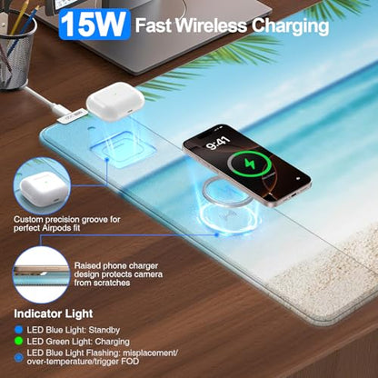 Wireless Charging Mouse Pad, 31.5"x15.8", with 20W PD Adapter, Summer Beach | Desk Writing Pad for Home Office Gaming, Waterproof Ultra-Smooth Surface, Non-Slip Base - color: Summer Beach-31.5"x15.8"(with Wall Charger)