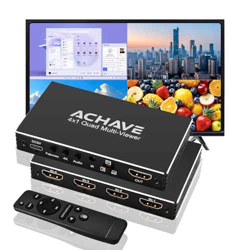 ACHAVE 4x1 HDMI Multiviewer Switch 2x1 3x1, 4K@30Hz 1080P@60Hz Quad Screen Splitter with 10 Display Modes, Seamless Switching, IR Remote Control, Compatible with Laptop, Xbox, TV Box