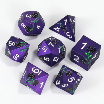 Rose Engraved Metal Dice Set 7PCS for DND RPG Tabletop Gaming | Solid zinc alloy build with 150g weight for balanced rolls(Purple with Black Rose) - color: Purple With Black Rose