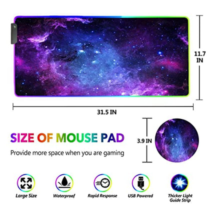 DINKY RGB Gaming Mouse Pad, Large Extended Soft Led Mouse Pad with 14 Lighting Modes, Water Resist Keyboard Pad, Computer Keyboard Mousepads Mat 31.4×11.8 inches- Purple Nebula - color: 01, size: 11.8" x 31.4"