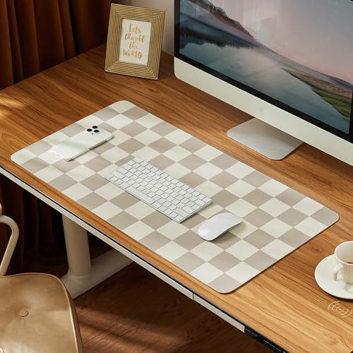 Ohocut Checkered Desk Mat, Large Cute Aesthetic Retro PU Leather Computer Laptop Desk Mat, Non-Slip Waterproof Mouse Keyboard Pad, Desk Writing Mat for Work/Home (Khaki, 23.6" x 13.7") - color: Khaki, size: 23.6" x 13.7"