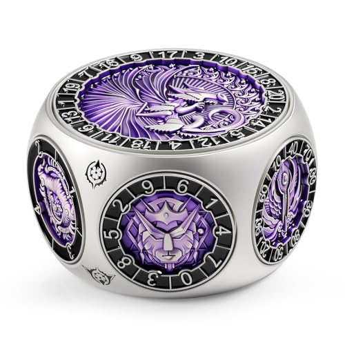 DNDND Unique Spinner DND Dice, 8-in-1 Hexagonal Metal DND Dice with Dual D20 Monster Themed Dice Set for DND Dungeons and Dragons, Dungeon Masters with Collectible Gift Tin (Silver with Purple) - color: Silver Purple