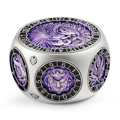 DNDND Unique Spinner DND Dice, 8-in-1 Hexagonal Metal DND Dice with Dual D20 Monster Themed Dice Set for DND Dungeons and Dragons, Dungeon Masters with Collectible Gift Tin (Silver with Purple) - color: Silver Purple