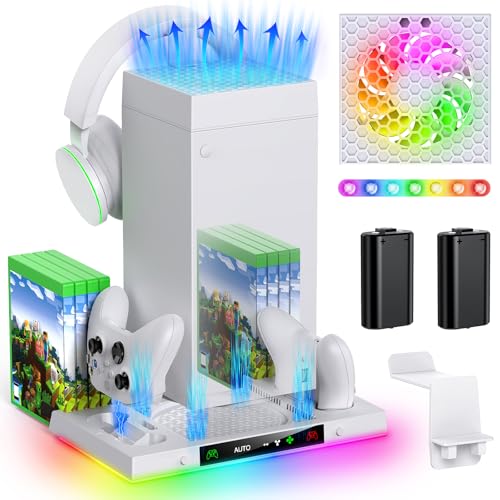 Auto Cooling Fan Charge Stand Accessories for Xbox Series X Console (White) | Wireless Dual Charger Dock with 15 Lights for Xbox X Controller, 2*Rechargeable Batteries, Headset Stand & Game Disc Storage - color: White