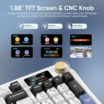 RedThunder K95 Wireless Mechanical Keyboard, TFT Screen & Knob, Tri-Mode BT5.0/2.4GHz/USB-C Hot Swappable Custom, Pre-lubed Linear Switches, Gasket Structure, RGB Gaming Keyboard, Snowy White-Blue - color: Snowy White-Blue