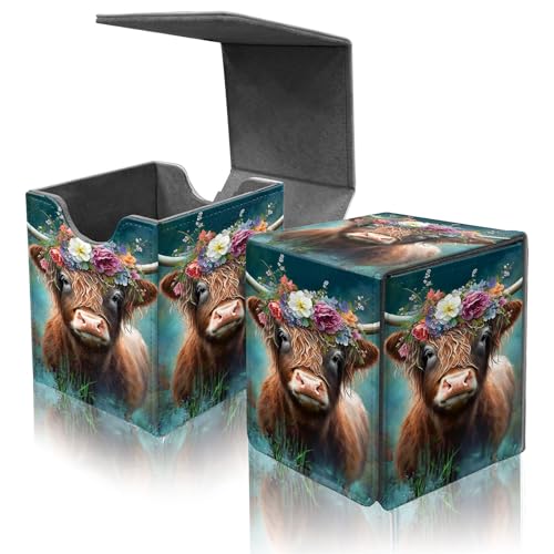 Card Deck Box for MTG Commander,Collectible Trading Storage Box Fits 120+ Single Sleeved Cards Magnetic Case PU Leather for Magic Commander TCG CCG MTG,Cute Highland Cow - color: Cute Highland Cow