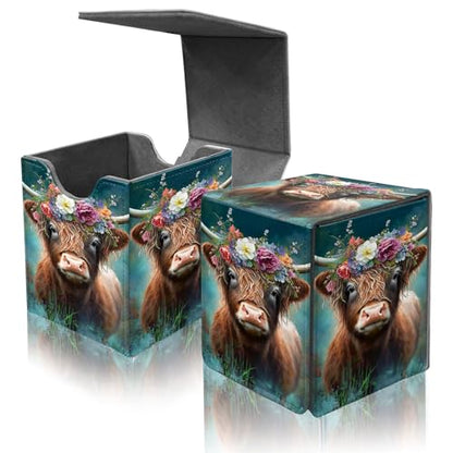 Card Deck Box for MTG Commander,Collectible Trading Storage Box Fits 120+ Single Sleeved Cards Magnetic Case PU Leather for Magic Commander TCG CCG MTG,Cute Highland Cow - color: Cute Highland Cow