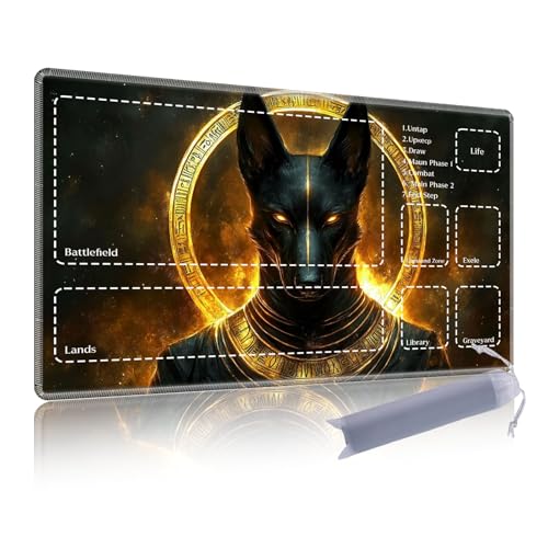 Premium TCG Playmat with 6 Gaming Zones | 24x14 Non-Slip Rubber Surface MTG Mat | Black Play Card Storage Pouch for CCG Playmat | Anubis - color: Anubis, size: 13.8*23.6 in