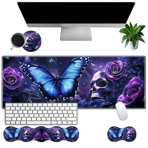 Large Gaming Mouse Pad Set with Wrist Support – 31.5" x 11.8" 4-in-1 XXL Mousepad with Keyboard Wrist Rest, Mouse Wrist Rest & Coaster – Ergonomic Desk Mat for Office, Home – Blue Butterfly Skull - color: Blue Butterfly Skull