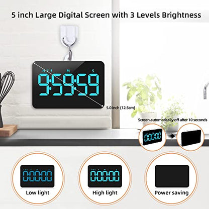 Samshow Rechargeable Digital Kitchen Timer, Ice Blue, 5 Inch | Countdown/Up, 3 Adjustable Brightness, 4 Adjustable Volume , 5" LED Display, Magnetic, For Classroom/Office/Home/Work/Game - color: Blue