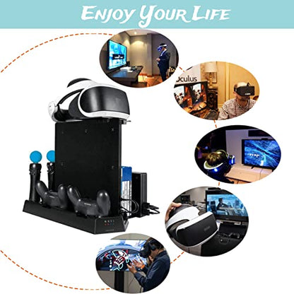 3 in 1 Multi Charging Stand with 2 Cooling Fans for PRO/Slim/PS VR, Controller Docking Station Charger, 11 Card Slot, Vertical Stand Headset Bracket