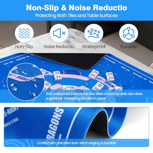 Mahjong Mat 33"x33" American Mah Jongg Mat for Table with Rules (Blue) | Noise Reduction Non-Slip Neoprene Mahjong Table Cloth with Carrying Bag, Gaming Mat for Mahjong Tiles, Cards, Dominoes Games - color: Blue