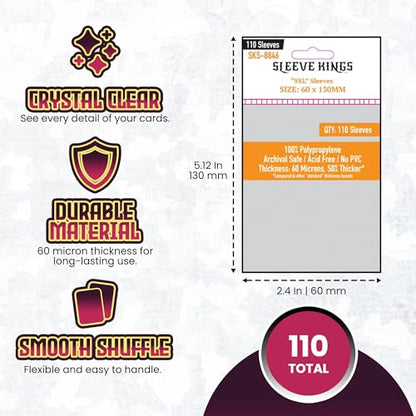 Sleeve Kings Standard Card Sleeves – 110 Count, Clear 60 Micron Thickness, Large Size (60 x 130 mm) – SKU: SKS-8846 - size: 60 x 130 mm, style: 9XL