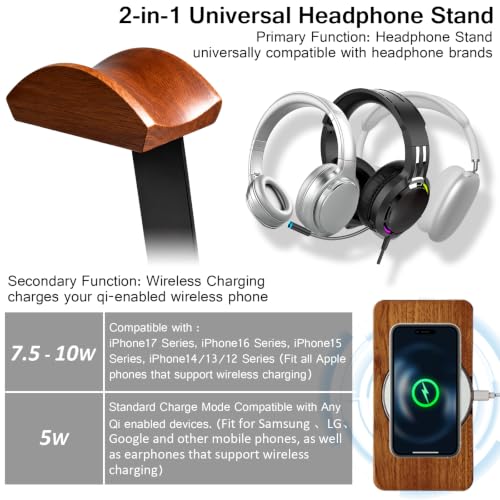 Wooden Headphone Stand with Wireless Charger Pad Nice Gift of Friends-White | Wide Curved Rest Compatible with Beats,Bose,Sony Accessories, Bedside Table, Gaming Setup, Office Organizer for Walnut Desk - color: White