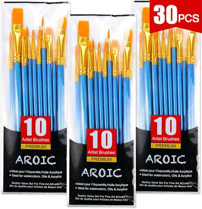 AROIC Paint Brush Set, 3 Pack 30 Pcs Acrylic Paint Brushes Artist Paint Brushes for Oil Watercolor Acrylic Face Rock Painting - size: 30pcs