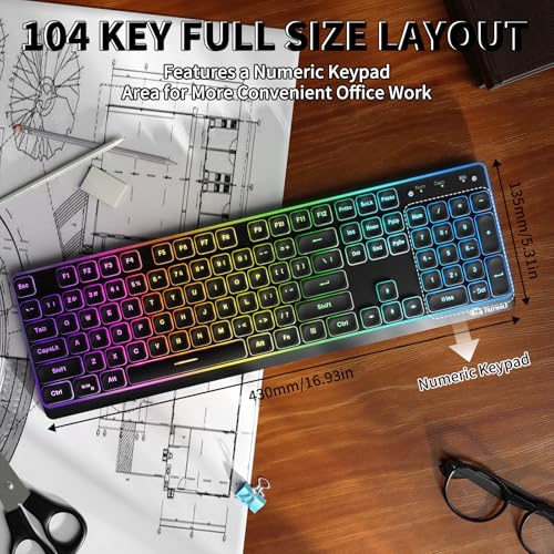 ZIYOU LANG M104 RGB Wireless Keyboard, Low-Profile Silent Membrane Keys, 2.4G Bluetooth USB Wired, Spill-Resistant, Rechargeable Full-Size 104-Key Keyboard for PC Mac, Black - color: Black
