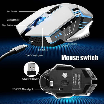 Bluetooth Wireless Gaming Mouse, RGB Rechargeable USB Wireless Mouse, Quiet Click, LED Backlit, Ergonomic, with Side Button, DPI Adjustable Computer Mice for Laptop PC MacBook Chromebook - White - color: white
