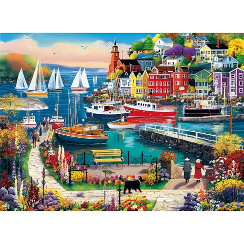 500 Piece Puzzles for Adults, Colorful Seaside Town Puzzle for Teens Adults Seniors, Recycled Cardboard Boats Jigsaw Puzzle 500 Pieces, Cute Puzzle with Letters on Back, Challenging Family Game Gifts - style: Colorful Seaside Town