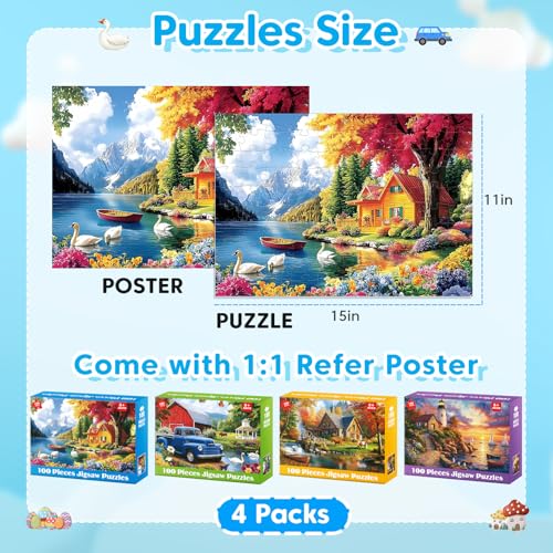 100 Piece Puzzles - 4 Themed Landscapes Large Piece Puzzles for Senior Adults Kids Puzzle Ages 5-8 Jigsaw Puzzle for Kids Ages 4-6 6-8 8-10 Year Old Educational Toys for Girls Boys 4-Pack - style: Swan Lake Autumn Forest Cabin Lighthouse