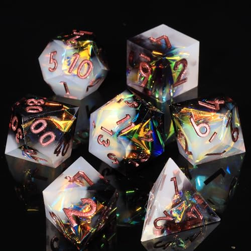 Holographic DND Sharp Edge Roleplaying Polyhedral Dice Set,for Dungeons and Dragons RPG MTG Table Games,7 Pcs Handmade Gemstone Dice Set - color: Ashen Nebula