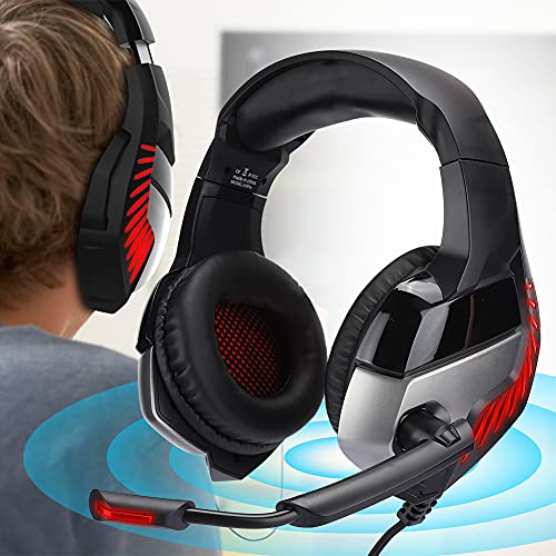 Gaming Headset HighQuality Wired Head Mounted Headphone with Noise Cancellation for Black Red 50mm Speakers (Black Red)