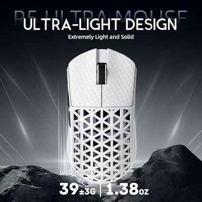 ATTACK SHARK R5Ultra 8K Carbon Fiber Wireless Gaming Mouse, White&Tape | 42K DPI,PAW3950 MAX Sensor,39g Ultra-Lightweight,Nordic 52840 MCU Chip,Wired/BT/2.4GHz Wireless Programmable Mouse for PC/Mac - color: White&Griptape