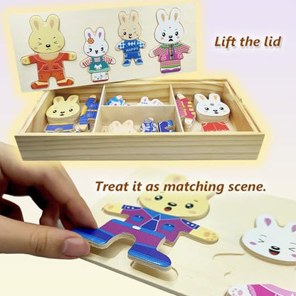 Wooden Bunny Family Dress-up Puzzle Box for Toddlers(72pcs),Change Clothes Puzzle Games, Preschool Learning Activities Toys for Kids Ages 3+ - color: Bunny