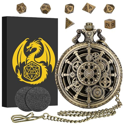 Mini DND Dice Set with Steampunk Hollow Gear Pocket Watch Shell Case, 7pcs Polyhedral Metal D&D Dice, DND Gifts with Gift Box for DND Fans, Role Playing Board Games Accessories - color: Bronze