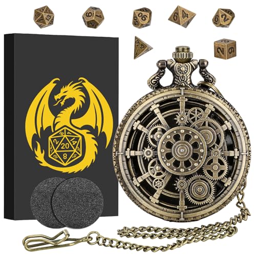 Mini DND Dice Set with Steampunk Hollow Gear Pocket Watch Shell Case, 7pcs Polyhedral Metal D&D Dice, DND Gifts with Gift Box for DND Fans, Role Playing Board Games Accessories - color: Bronze