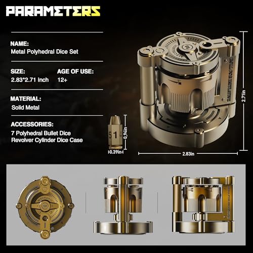 Metal Dice Set, 7 Piece Polyhedral Bullet Dice with Spinning Revolver Cylinder Case, Fidget Toy for Stress Relief, Cyberpunk Style Tabletop RPG Dice, Golden - color: Golden