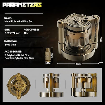 Metal Dice Set, 7 Piece Polyhedral Bullet Dice with Spinning Revolver Cylinder Case, Fidget Toy for Stress Relief, Cyberpunk Style Tabletop RPG Dice, Golden - color: Golden