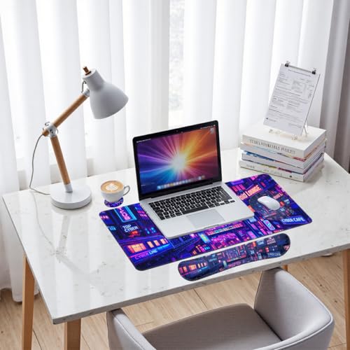 Cyber City Desk Mat Set Neon Gaming Night Large Mouse Pad with Wrist Rest 4-in-1 Desk Mat for Desktop Ergonomic Computer Desk Arm Wrist Anti-Slip Computer Ergonomic Mouse Pad Home Office Gaming - color: Cyber City, size: 34.5" x 15.7"