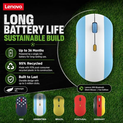 Lenovo 350 Bluetooth Silent Mouse (Fan Edition), Wireless Ergonomic Ambidextrous Design, Bluetooth 5.3, Adjustable DPI up to 2400, 36 Month Battery Life, Recycled Materials, Argentina Flag - color: Argentina Flag