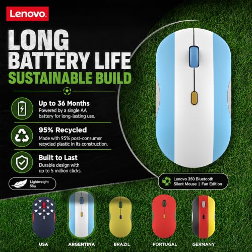 Lenovo 350 Bluetooth Silent Mouse (Fan Edition), Wireless Ergonomic Ambidextrous Design, Bluetooth 5.3, Adjustable DPI up to 2400, 36 Month Battery Life, Recycled Materials, Argentina Flag - color: Argentina Flag