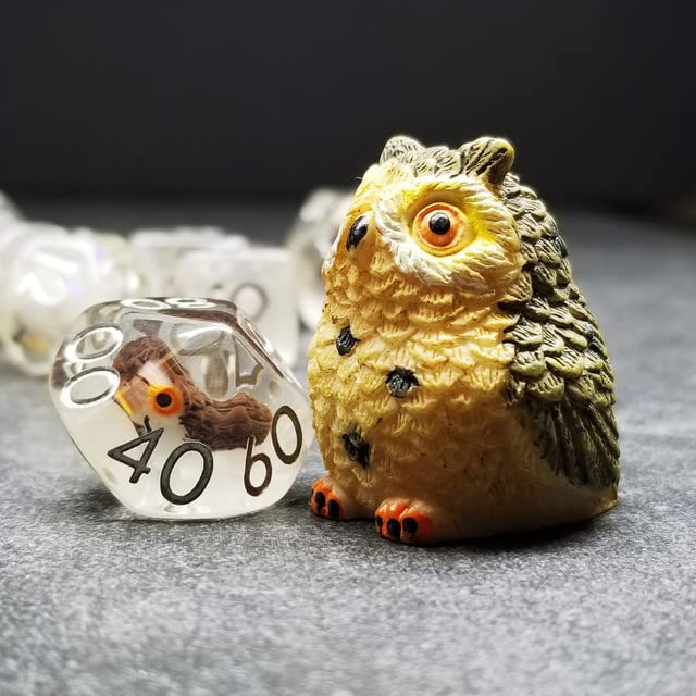 Sage's Portal Animal Familiars Resin DND Dice Set Polyhedral Dice Set for Dungeons and Dragons RPG Pathfinder Tabletop TTRPG (Owl) - color: Baby Owl Familiar, style: Dice Set Only