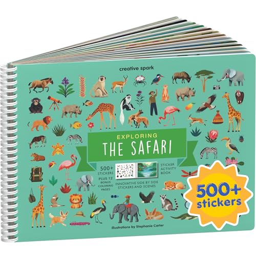 Safari Animals 500+ Kids Sticker Book by Cupkin Toddler Airplane Travel Activity Coloring and Sticker Book, Road Trip Essentials, 12 Coloring Pages 12 Scenes for Ages 2–8 Years - color: Exploring the Safari
