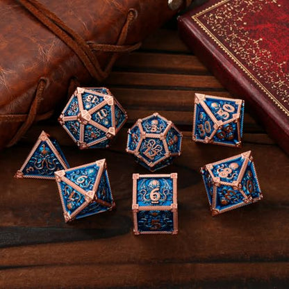 Metal Dice Set, Octopus Pattern, 7pcs Polyhedral Metal DND Dice Set, DND Starter Set, D&D Gifts with Gift Bag, Role Playing Board Games Accessories, Red Copper Border Blue - color: Blue With Gift Bag
