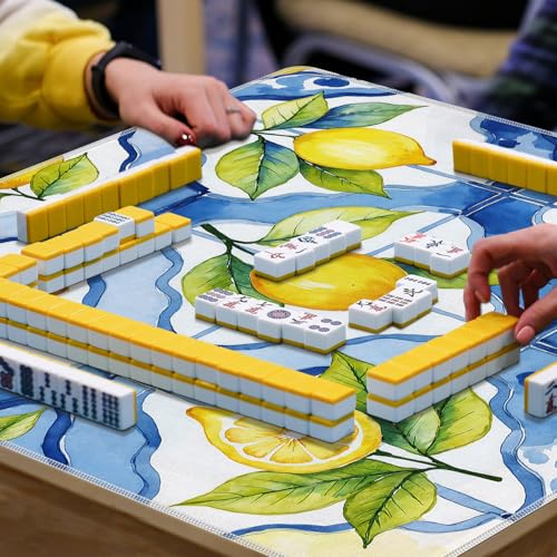 Blue and Yellow Lemon Mahjong Mat 31.5"x31.5", Mediterranean Italian Lemon Non-Slip Noise Reduction Gaming Mat for American Mahjong Poker Card Board Games Dominoes - color: Blue and Yellow Lemon