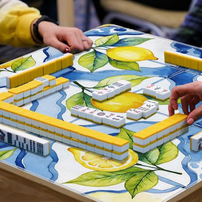 Blue and Yellow Lemon Mahjong Mat 31.5"x31.5", Mediterranean Italian Lemon Non-Slip Noise Reduction Gaming Mat for American Mahjong Poker Card Board Games Dominoes - color: Blue and Yellow Lemon