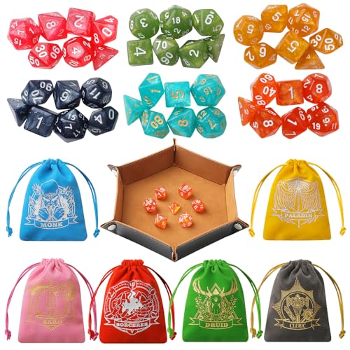 Grajar D&D Dice Set with Characters Pattern Dice Pouches, 42 Pcs polyhedral dice Set, PU Leather and Velvet dice Tray for Dungeons and Dragons D&D RPG MTG Table Games Nebula - style: Role 2 - Rebula