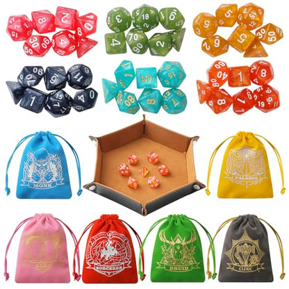 Grajar D&D Dice Set with Characters Pattern Dice Pouches, 42 Pcs polyhedral dice Set, PU Leather and Velvet dice Tray for Dungeons and Dragons D&D RPG MTG Table Games Nebula - style: Role 2 - Rebula