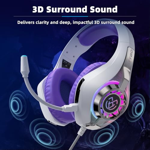 Tatybo Gaming Headset for PS5 PC, Noise Canceling Mic, RGB, Purple | Over Ear, Deep Bass Stereo Sound for FPS, Battle Royale, Lightweight for Xbox, PS4, Mobile, Nintendo, 3.5mm Devices - color: Purple