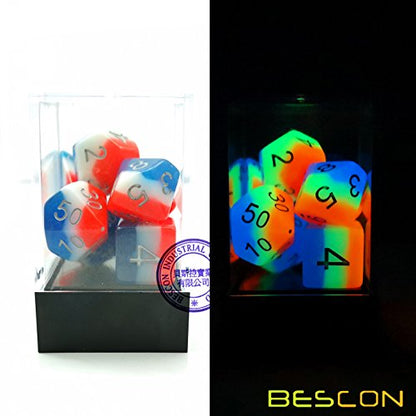 Bescon Glowing Polyhedral Dice 7pcs Set French KISS, Luminous RPG Dice Glow in Dark, DND Role Playing Game Dice - color: French Kiss