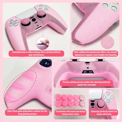 Pink Glitter Anti-Slip Protective Silicone Cover Skin Grips Compatible with PS5/Slim/Pro Controller,8 PCS Glitter Thumb Grips Caps and 2 Grips Caps. (Glitter Pink)