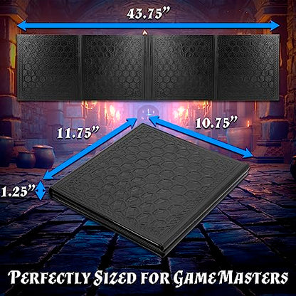 CASEMATIX DM Screen Faux Leather Embossed GM Screen - Four Panel Folding Game Master Screen with Wet Erase Pockets and Compatible with Tabletop Roleplaying Games, Inserts Not Included, Black - color: Black