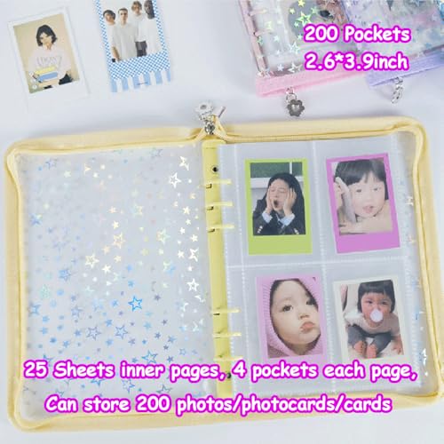Kpop Photocard Binder with 6 Stickers Sheet & 50 Shinning Protective Sleeves Kpop Photocard Holder Book with Kpop Photocard, A5 Binder Photocard Album 30 Inner Pages with 240 Pockets (Yellow) - color: Yellow
